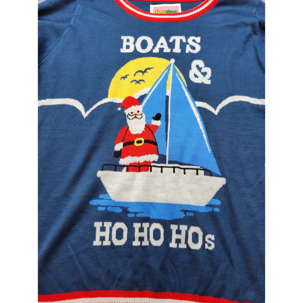 Tipsy Elves Boats & Ho Ho Hos Santa Christmas Sweater Navy Blue Mens Large NWT